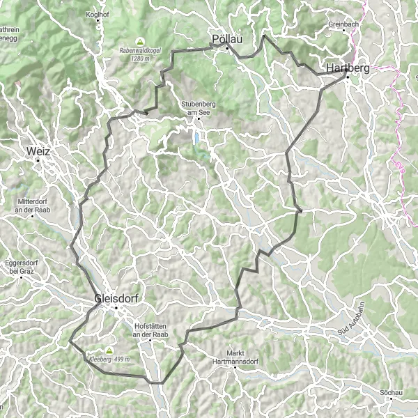 Miniature de la carte de l'inspiration cycliste "Tour des villages de Raab" dans la Steiermark, Austria. Générée par le planificateur d'itinéraire cycliste Tarmacs.app