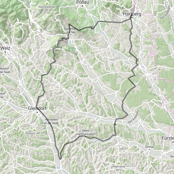 Miniature de la carte de l'inspiration cycliste "Route des châteaux et des collines" dans la Steiermark, Austria. Générée par le planificateur d'itinéraire cycliste Tarmacs.app