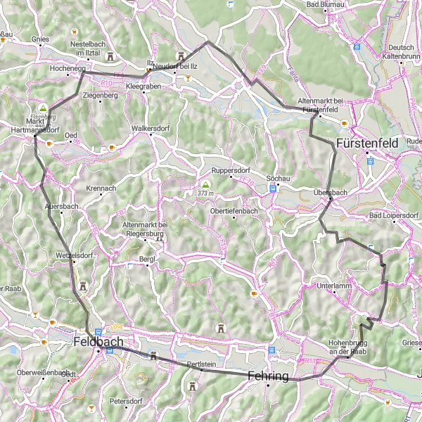 Mapa miniatúra "Oblasti Eisenbergu" cyklistická inšpirácia v Steiermark, Austria. Vygenerované cyklistickým plánovačom trás Tarmacs.app