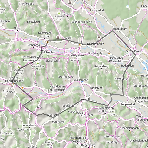 Zemljevid v pomanjšavi "Kolesarska pot od Eisenberga do Markta Hartmannsdorfa" kolesarske inspiracije v Steiermark, Austria. Generirano z načrtovalcem kolesarskih poti Tarmacs.app