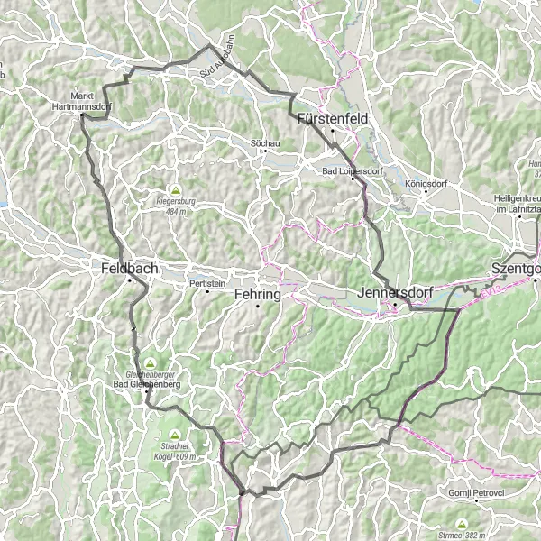 Miniaturní mapa "Let's explore Bad Gleichenberg" inspirace pro cyklisty v oblasti Steiermark, Austria. Vytvořeno pomocí plánovače tras Tarmacs.app