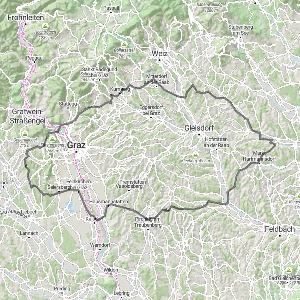 Zemljevid v pomanjšavi "Izzivi na cesti" kolesarske inspiracije v Steiermark, Austria. Generirano z načrtovalcem kolesarskih poti Tarmacs.app