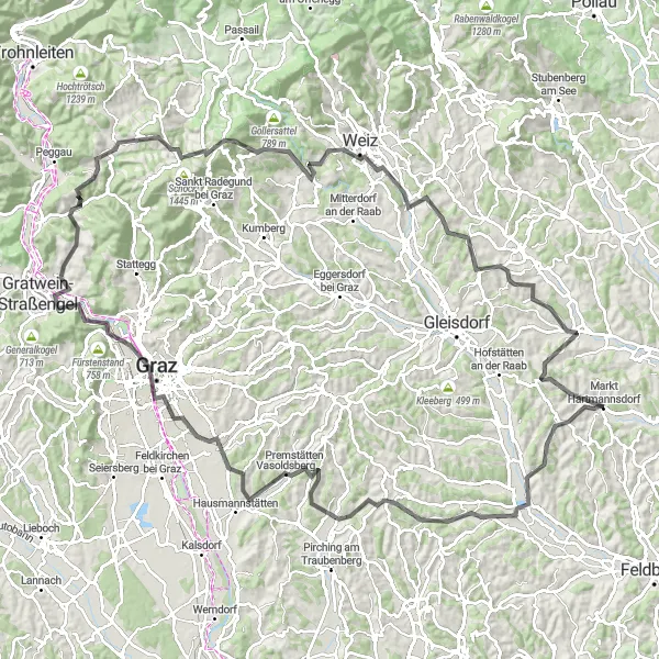 Map miniature of "Road Cycling Adventure to Graz" cycling inspiration in Steiermark, Austria. Generated by Tarmacs.app cycling route planner