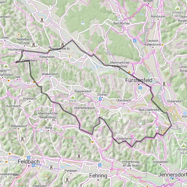 Zemljevid v pomanjšavi "Kolesarska pot čez Ilzberg v Ottendorf an der Rittschein" kolesarske inspiracije v Steiermark, Austria. Generirano z načrtovalcem kolesarskih poti Tarmacs.app