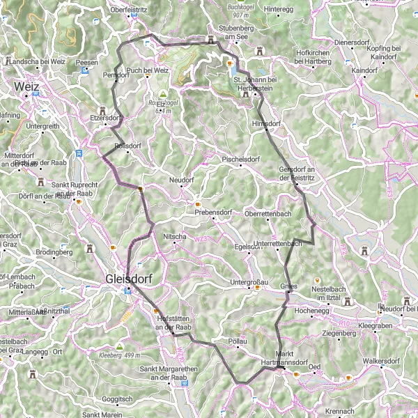 Miniaturní mapa "Výlet k zámku Külml" inspirace pro cyklisty v oblasti Steiermark, Austria. Vytvořeno pomocí plánovače tras Tarmacs.app