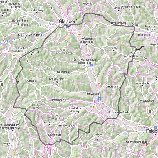 Karten-Miniaturansicht der Radinspiration "Markt Hartmannsdorf - Eisenberg Rundfahrt" in Steiermark, Austria. Erstellt vom Tarmacs.app-Routenplaner für Radtouren