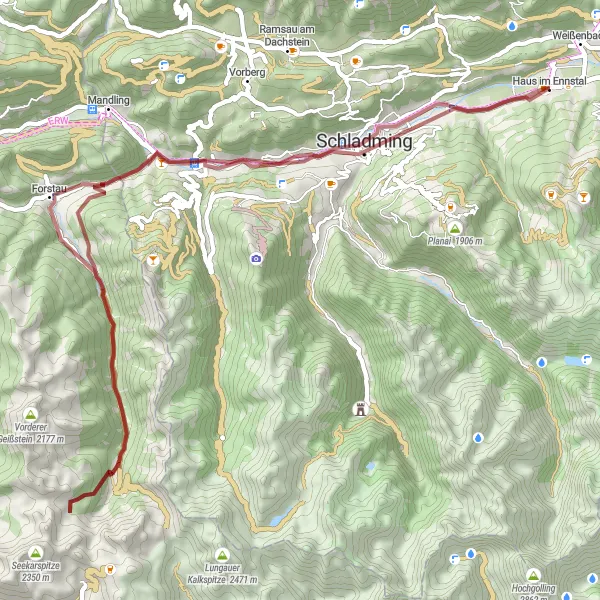 Miniature de la carte de l'inspiration cycliste "Tour du Ennstal en gravier" dans la Steiermark, Austria. Générée par le planificateur d'itinéraire cycliste Tarmacs.app