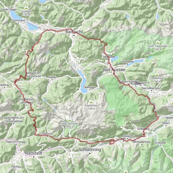 Map miniature of "Exploring the Dachstein" cycling inspiration in Steiermark, Austria. Generated by Tarmacs.app cycling route planner