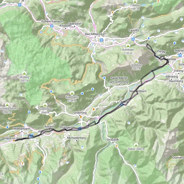 Zemljevid v pomanjšavi "Cestna avantura do Schloss Trautenfels" kolesarske inspiracije v Steiermark, Austria. Generirano z načrtovalcem kolesarskih poti Tarmacs.app