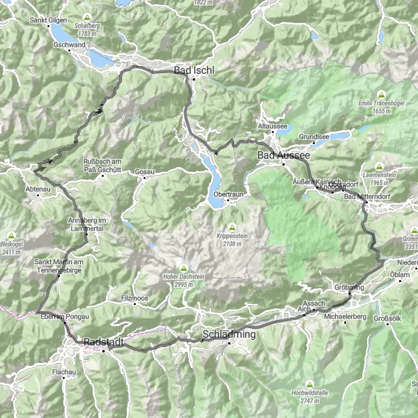 Map miniature of "The Ennstal Circuit" cycling inspiration in Steiermark, Austria. Generated by Tarmacs.app cycling route planner