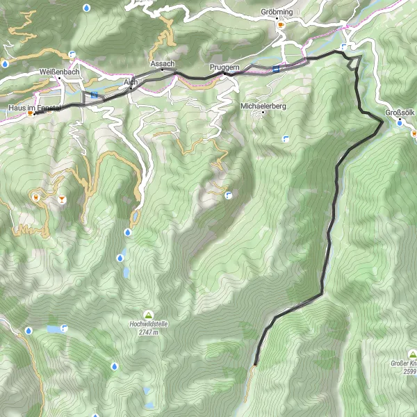 Karttaminiaatyyri "Haus im Ennstal - Ennsling Bundesstraße Loop" pyöräilyinspiraatiosta alueella Steiermark, Austria. Luotu Tarmacs.app pyöräilyreittisuunnittelijalla