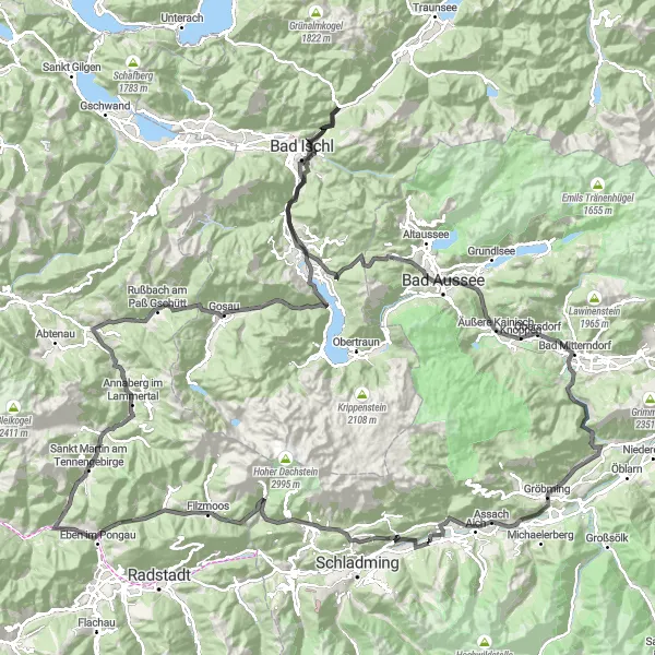Miniaturní mapa "Dlouhá okružní cyklostezka kolem Haus im Ennstal" inspirace pro cyklisty v oblasti Steiermark, Austria. Vytvořeno pomocí plánovače tras Tarmacs.app