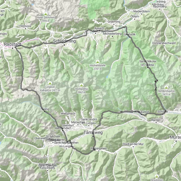 Miniatua del mapa de inspiración ciclista "Gran Recorrido por los Alpes de Estiria en Bicicleta de Carretera" en Steiermark, Austria. Generado por Tarmacs.app planificador de rutas ciclistas