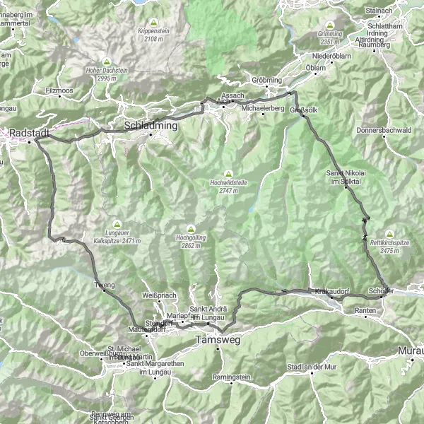 Miniatua del mapa de inspiración ciclista "Desafío en Bicicleta por los Alpes de Steiermark" en Steiermark, Austria. Generado por Tarmacs.app planificador de rutas ciclistas