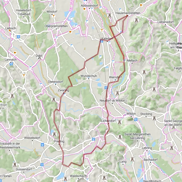 Miniatuurkaart van de fietsinspiratie "Gravelavontuur van Fernitz tot Kalsdorf" in Steiermark, Austria. Gemaakt door de Tarmacs.app fietsrouteplanner