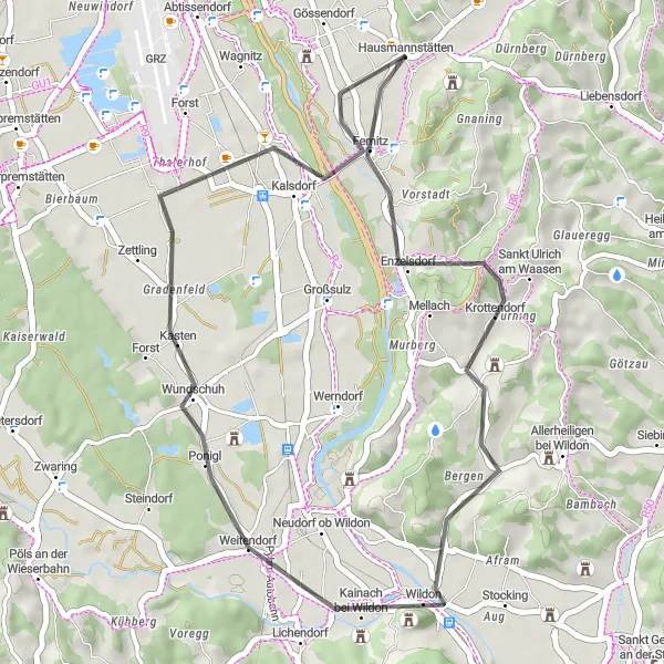 Zemljevid v pomanjšavi "Prijazna cestna kolesarska pot preko Sankt Ulrich am Waasena in Wundschuha" kolesarske inspiracije v Steiermark, Austria. Generirano z načrtovalcem kolesarskih poti Tarmacs.app