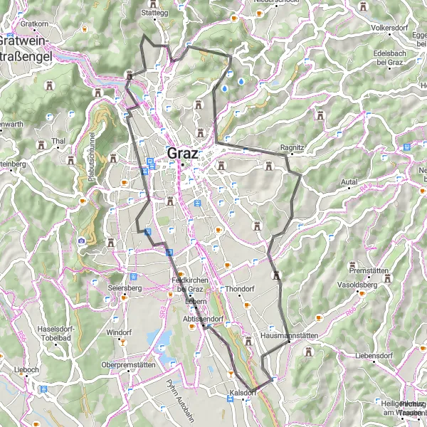 Miniature de la carte de l'inspiration cycliste "Les collines verdoyantes de Steiermark en vélo de route" dans la Steiermark, Austria. Générée par le planificateur d'itinéraire cycliste Tarmacs.app