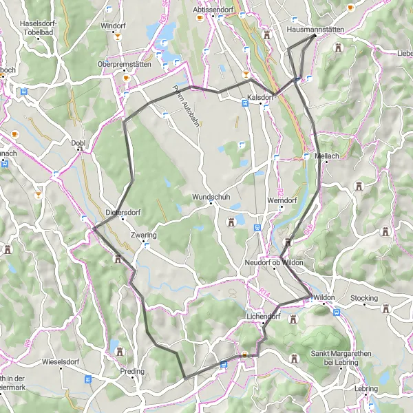 Karttaminiaatyyri "Kiehtova kierros Kalsdorfin ympäristössä" pyöräilyinspiraatiosta alueella Steiermark, Austria. Luotu Tarmacs.app pyöräilyreittisuunnittelijalla