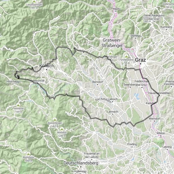 Mapa miniatúra "Výzva pre odvážnych - náročná horská trasa" cyklistická inšpirácia v Steiermark, Austria. Vygenerované cyklistickým plánovačom trás Tarmacs.app