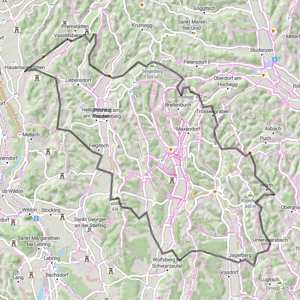 Mapa miniatúra "Náročná cyklotúra cez Vasoldsberg" cyklistická inšpirácia v Steiermark, Austria. Vygenerované cyklistickým plánovačom trás Tarmacs.app