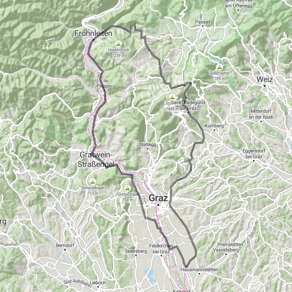 Miniatura della mappa di ispirazione al ciclismo "Natura e Avventura nella Stiria" nella regione di Steiermark, Austria. Generata da Tarmacs.app, pianificatore di rotte ciclistiche