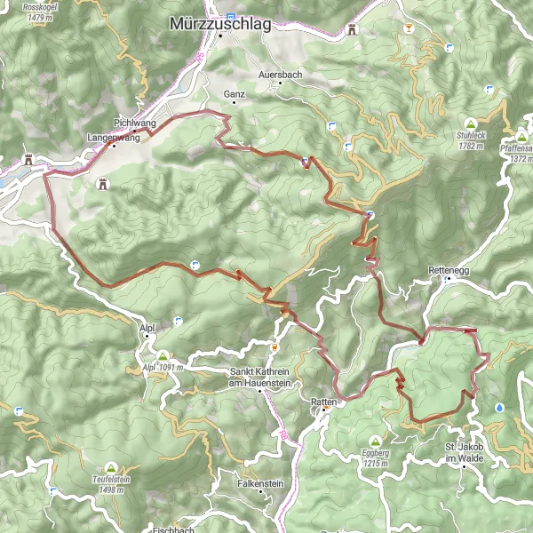 Karttaminiaatyyri "Seikkailullinen Gravel-reitti Hönigsbergin lähistöllä" pyöräilyinspiraatiosta alueella Steiermark, Austria. Luotu Tarmacs.app pyöräilyreittisuunnittelijalla