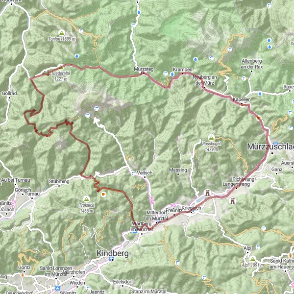 Zemljevid v pomanjšavi "Krieglach gravel kolesarska avantura" kolesarske inspiracije v Steiermark, Austria. Generirano z načrtovalcem kolesarskih poti Tarmacs.app