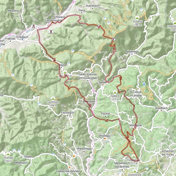 Miniatua del mapa de inspiración ciclista "Ruta de Grava a través de las Montañas de Estiria" en Steiermark, Austria. Generado por Tarmacs.app planificador de rutas ciclistas