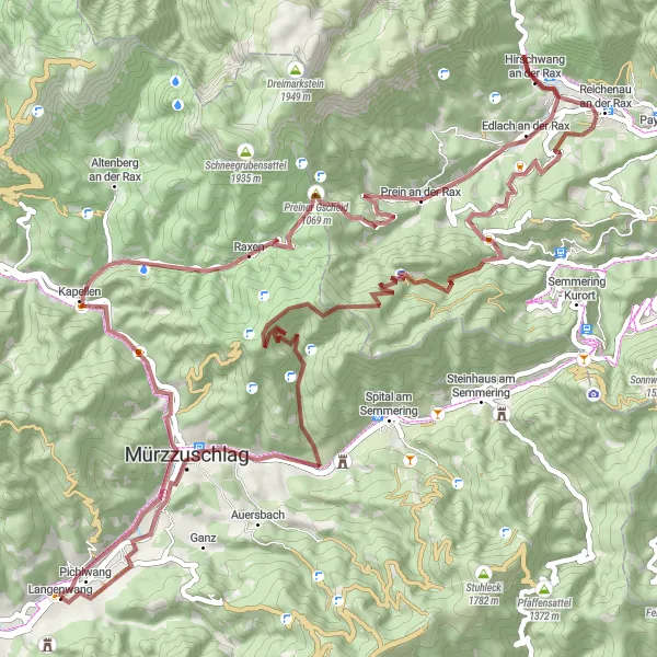 Miniatuurkaart van de fietsinspiratie "Gravelroute naar Mürzzuschlag" in Steiermark, Austria. Gemaakt door de Tarmacs.app fietsrouteplanner