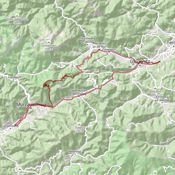 Miniature de la carte de l'inspiration cycliste "Aventure et exploration à travers les forêts et les sommets" dans la Steiermark, Austria. Générée par le planificateur d'itinéraire cycliste Tarmacs.app