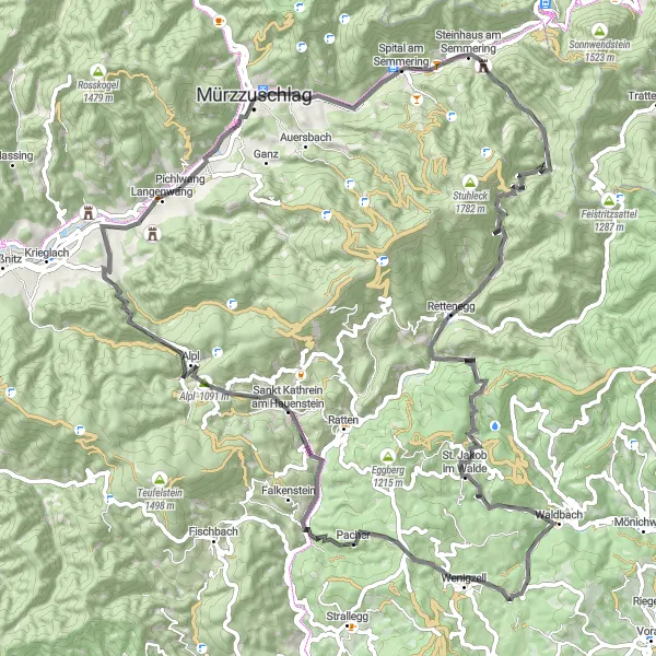 Zemljevid v pomanjšavi "Cestna kolesarska pustolovščina od Kaisersteina do Wenigzella" kolesarske inspiracije v Steiermark, Austria. Generirano z načrtovalcem kolesarskih poti Tarmacs.app