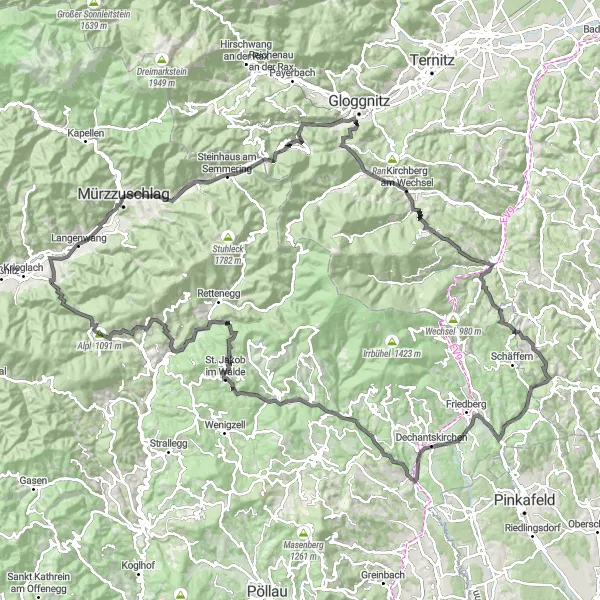 Miniaturní mapa "Okružní cyklotrasa s velkým stoupáním" inspirace pro cyklisty v oblasti Steiermark, Austria. Vytvořeno pomocí plánovače tras Tarmacs.app