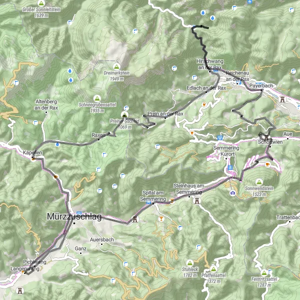 Miniaturní mapa "Okruhová cyklistická trasa Hönigsberg - Preiner Gscheid" inspirace pro cyklisty v oblasti Steiermark, Austria. Vytvořeno pomocí plánovače tras Tarmacs.app