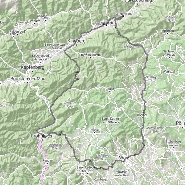 Map miniature of "Road Cycling to Alpl, Sankt Kathrein am Hauenstein, and Schloß Birkenstein" cycling inspiration in Steiermark, Austria. Generated by Tarmacs.app cycling route planner