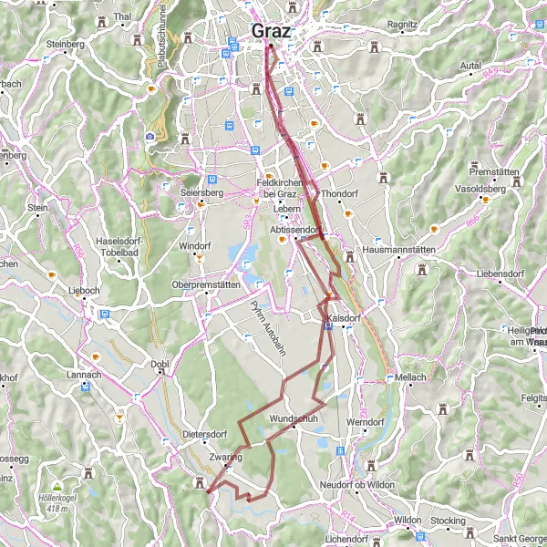 Karten-Miniaturansicht der Radinspiration "Abenteuerliche Gravel-Tour rund um Graz" in Steiermark, Austria. Erstellt vom Tarmacs.app-Routenplaner für Radtouren