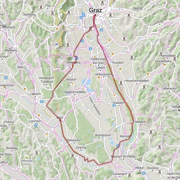 Mapa miniatúra "Gravelová jazda okolo Graza" cyklistická inšpirácia v Steiermark, Austria. Vygenerované cyklistickým plánovačom trás Tarmacs.app