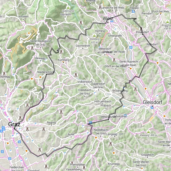 Miniature de la carte de l'inspiration cycliste "Parcours pittoresque à travers Steiermark" dans la Steiermark, Austria. Générée par le planificateur d'itinéraire cycliste Tarmacs.app