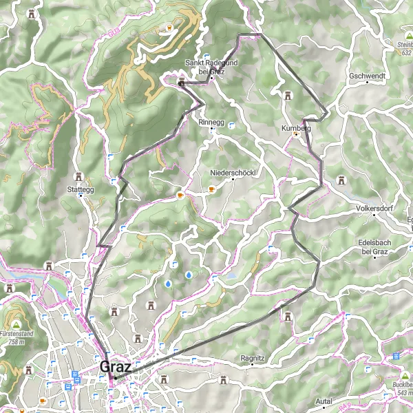 Miniatura della mappa di ispirazione al ciclismo "Giro culinario a Friendly Alien e Rudolfshöhe" nella regione di Steiermark, Austria. Generata da Tarmacs.app, pianificatore di rotte ciclistiche