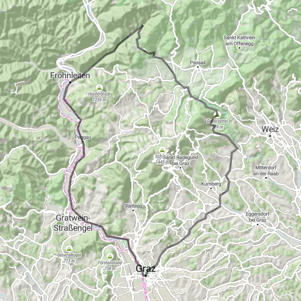Miniaturekort af cykelinspirationen "Eventyr gennem Steiermarks landskab på landevejscykel" i Steiermark, Austria. Genereret af Tarmacs.app cykelruteplanlægger