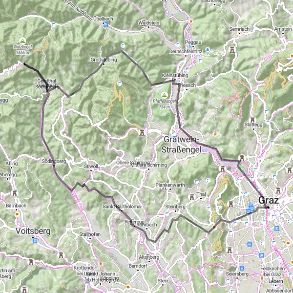 Miniatua del mapa de inspiración ciclista "Aventura en bicicleta por los alrededores de Graz" en Steiermark, Austria. Generado por Tarmacs.app planificador de rutas ciclistas