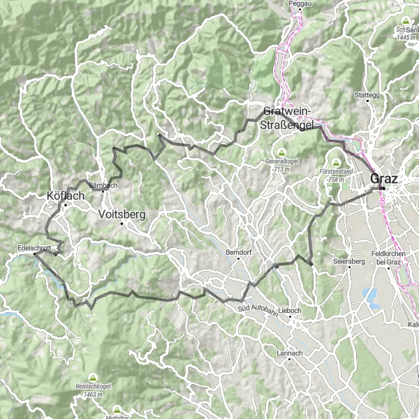 Miniature de la carte de l'inspiration cycliste "Aventure cycliste dans les collines autrichiennes" dans la Steiermark, Austria. Générée par le planificateur d'itinéraire cycliste Tarmacs.app