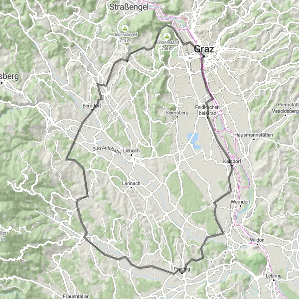 Miniatura della mappa di ispirazione al ciclismo "Circuito Feldkirchen bei Graz e Schlossberg" nella regione di Steiermark, Austria. Generata da Tarmacs.app, pianificatore di rotte ciclistiche