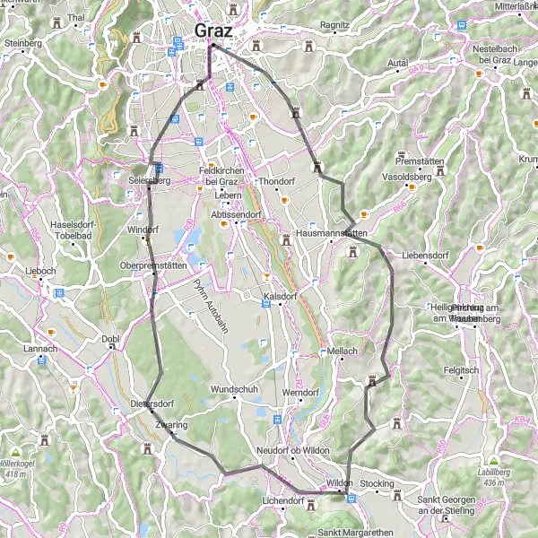 Zemljevid v pomanjšavi "Razgibana cestna pot s čudovitimi razgledi" kolesarske inspiracije v Steiermark, Austria. Generirano z načrtovalcem kolesarskih poti Tarmacs.app