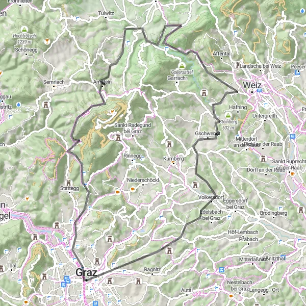 Miniature de la carte de l'inspiration cycliste "Le Tour des Collines de Graz" dans la Steiermark, Austria. Générée par le planificateur d'itinéraire cycliste Tarmacs.app