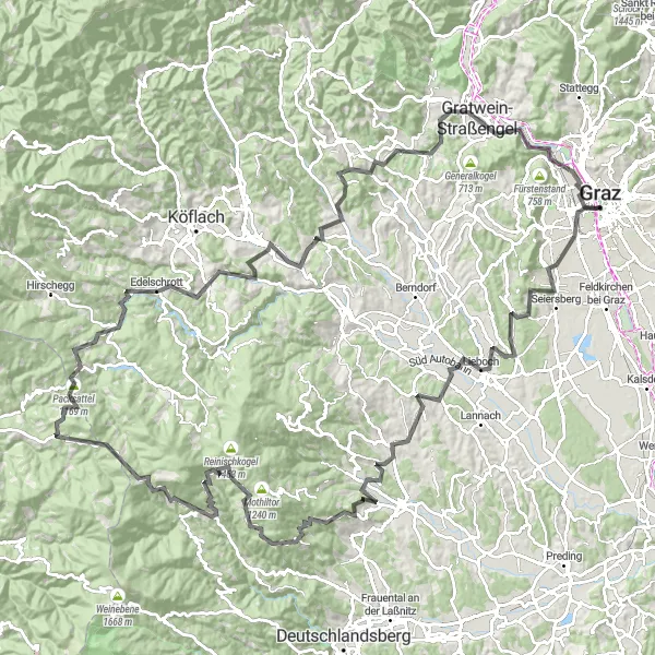 Miniatura della mappa di ispirazione al ciclismo "Vicino a Innere Stadt Ciclabile Strada 148 km" nella regione di Steiermark, Austria. Generata da Tarmacs.app, pianificatore di rotte ciclistiche