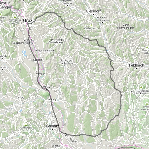 Miniature de la carte de l'inspiration cycliste "Tour des châteaux de Styrie" dans la Steiermark, Austria. Générée par le planificateur d'itinéraire cycliste Tarmacs.app