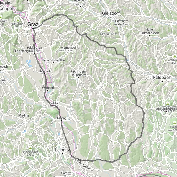 Mapa miniatúra "Cesta plná krásnych výhľadov" cyklistická inšpirácia v Steiermark, Austria. Vygenerované cyklistickým plánovačom trás Tarmacs.app