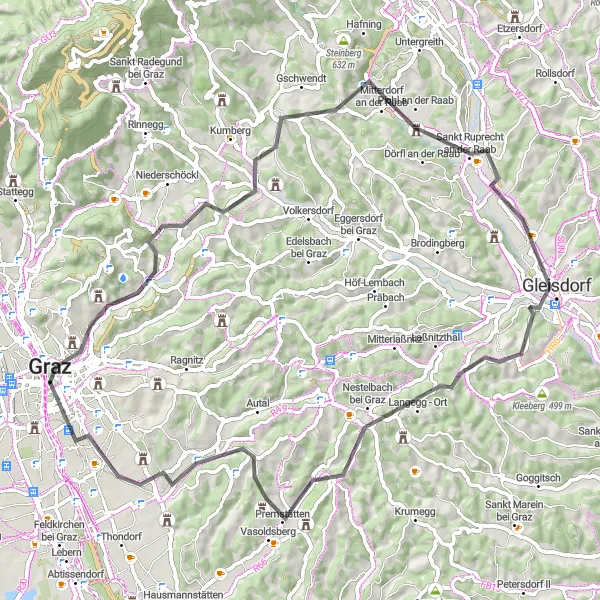 Miniatura della mappa di ispirazione al ciclismo "Viaggio nel Tempo a Graz" nella regione di Steiermark, Austria. Generata da Tarmacs.app, pianificatore di rotte ciclistiche