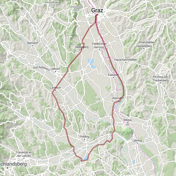 Miniaturní mapa "Cyklistická trasa Grazer Uhrturm" inspirace pro cyklisty v oblasti Steiermark, Austria. Vytvořeno pomocí plánovače tras Tarmacs.app