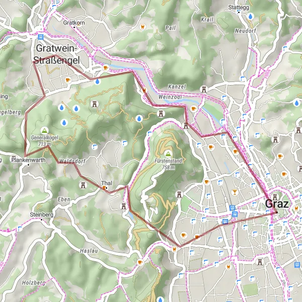 Miniature de la carte de l'inspiration cycliste "Exploration gravier autour de Graz" dans la Steiermark, Austria. Générée par le planificateur d'itinéraire cycliste Tarmacs.app